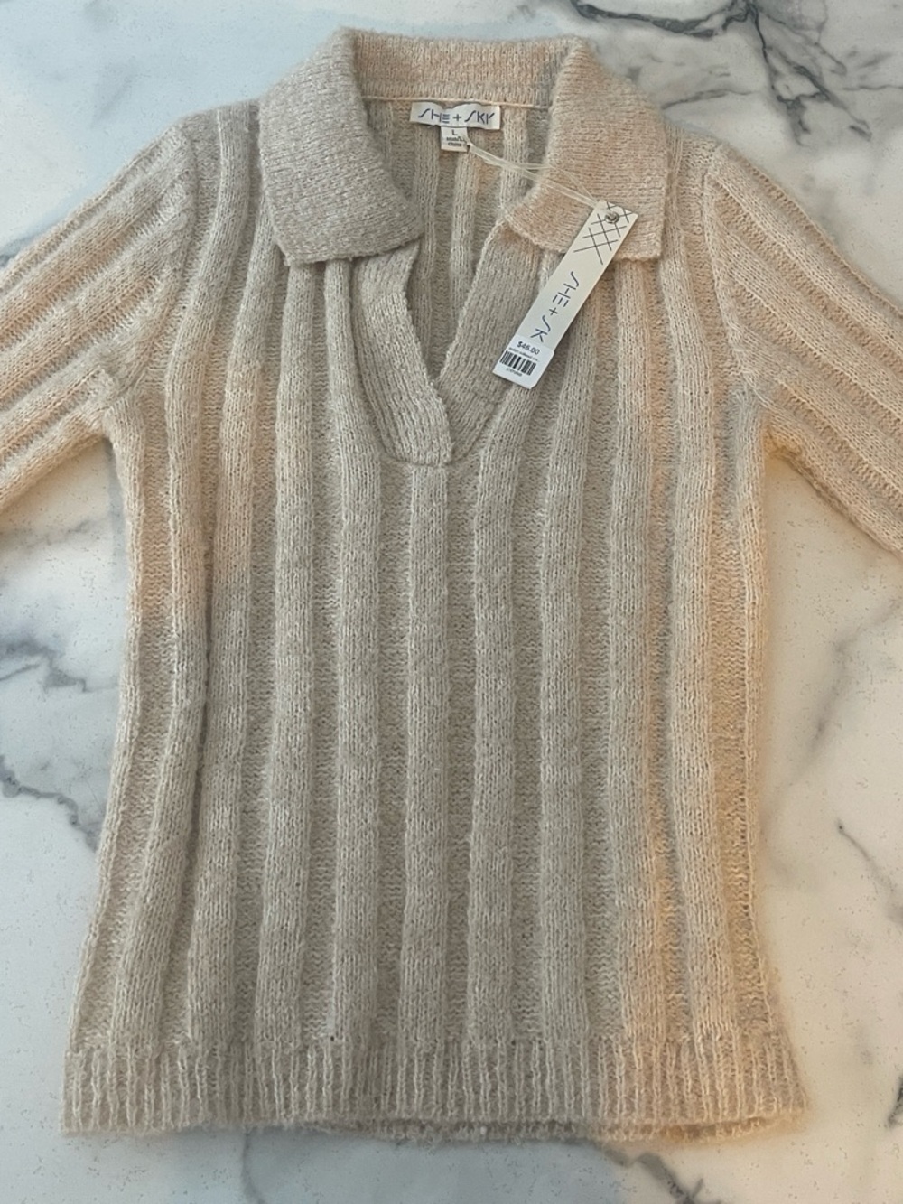 She + Sky Ribbed V-Neck Polo Sweater in Light Beige